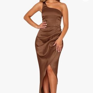 Women's Satin One Shoulder Ruched Sleeveless Split
Wrap Hem Cocktail Midi Dress